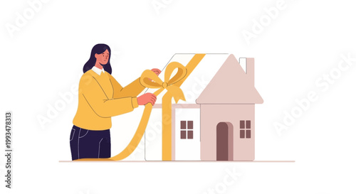 Woman Gift Wrapping Ribbon Around House for Celebration