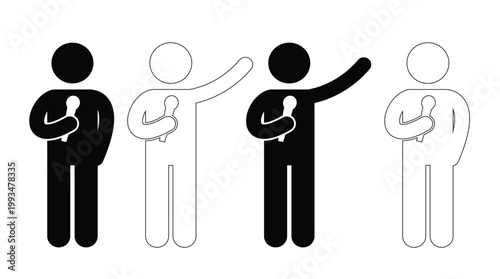 Pictogram of human performing a speech and holding a mic vector. Stick figure holding microphone outline illustration for presentation or singing design, vector illustration.