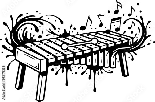 Xylophone Musical Instrument Illustration with Notes and Splashes