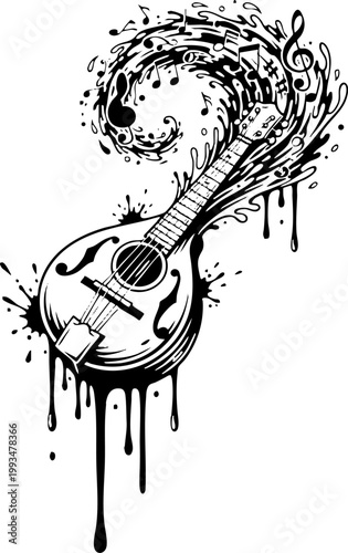 Mandolin illustration with musical notes and ink splatter effect