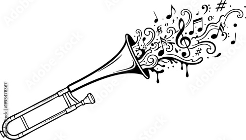 Trombone brass instrument with flying music notes illustration