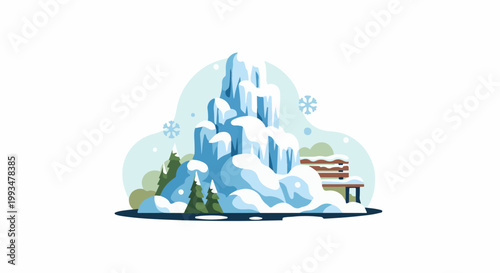 Stylized icy mountain with snow-covered trees and park bench in winter
