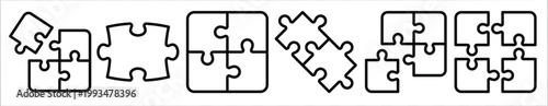 A set of four puzzle icons in different shapes and sizes. icon set featuring jigsaw pieces, problem solving, teamwork collaboration, business strategy concepts, outline line icons, vector illustratio.