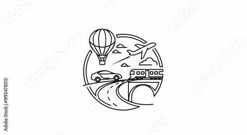 Circular emblem showcasing diverse transportation modes car, train, plane, and hot air balloon