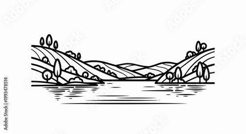 Stylized landscape with rolling hills and a reflective body of water
