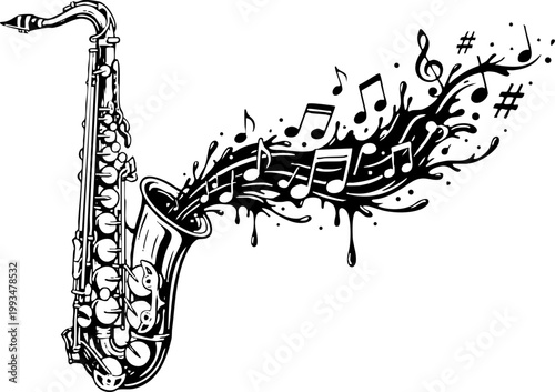 Saxophone Illustration with Flowing Musical Notes and Splashes
