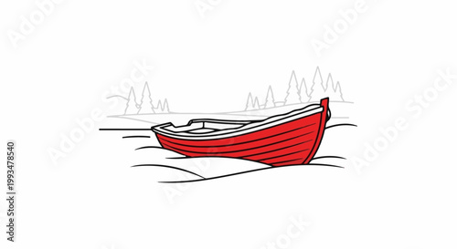 Stylized illustration of a bright red rowboat grounded in snow, with faint grey trees behind
