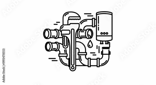 Stylized illustration of plumbing pipes, a wrench, and a water heater