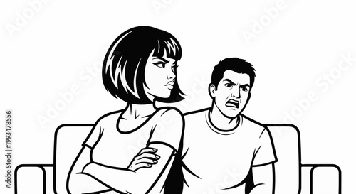 Comic style illustration of an angry couple arguing on a couch