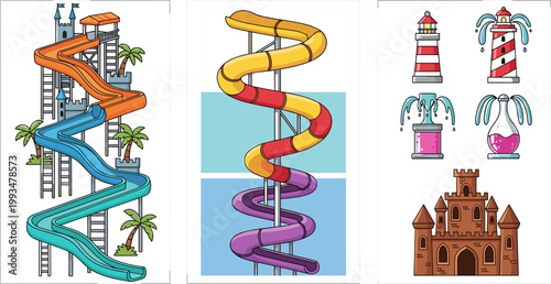 Colorful Water Park Slide Lighthouse Sand Castle and Fountain Summer Fun Vector Illustration Set for Recreation Design