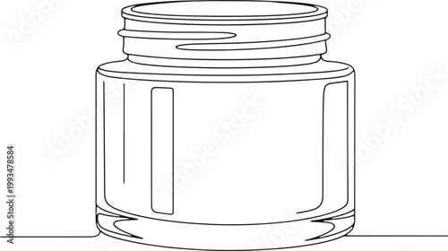 Outline drawing of glass jar with lid, simple sketch of container, product packaging.