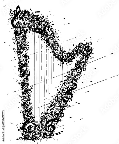 Harp Outline Formed by Musical Notes and Clefs Illustration