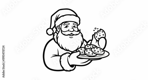 Festive Santa Claus holds a plate of cookies, one bitten