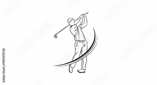 Golfer swinging a club with a dynamic curved motion line