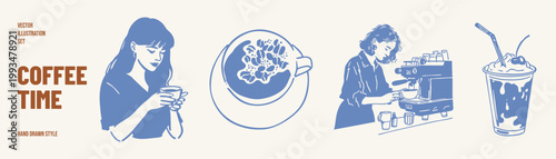 Woman enjoying coffee cup and barista making drink. Illustrations for lifestyle visuals and cafe advertising. Hand drawn sketch, pencil style with soft character lines.