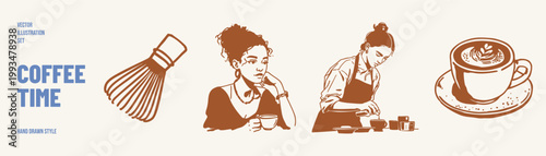 Coffee tools barista woman cup latte sketch set. Scenes show whisk, woman drinking, barista preparing coffee, and cup. Illustrations for cafe menu and branding, hand drawn pencil style.