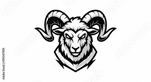 Black and white stylized ram head with large, curled horns