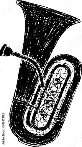 Vintage tuba musical instrument illustration in woodcut style