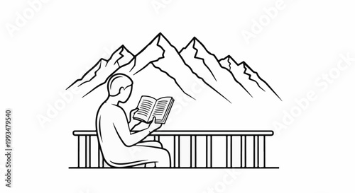 Person sitting on railing reading book against backdrop of mountain peaks