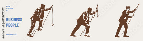 Business people pushing arrows showing market rise fall. Characters interacting with graphs indicating change and direction. Illustrations for financial analysis and strategy hand drawn sketch style.