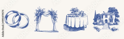 Wedding rings and garden house pencil texture set in hand drawn style. Illustrations for elegant marriage invitations or romantic event stationary design.