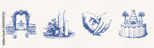 Romantic wedding ceremony and cake pencil texture set in hand drawn style. Illustrations for marriage timeline graphics or bachelorette party decor.