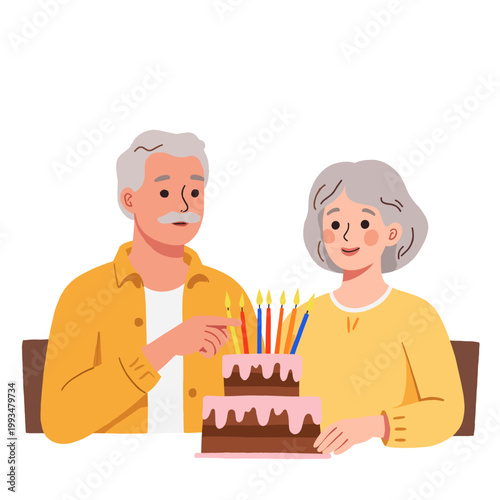 Elderly couple celebrating birthday with cake and candles at home. Elderly set   
