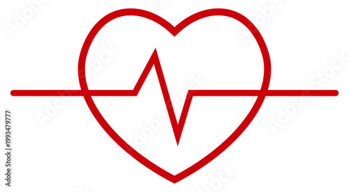 Minimalist, red line art illustration featuring the outline of a heart with a rhythmic EKG pulse line running horizontally through the center, set against a clean white background. Cardiology clipart.