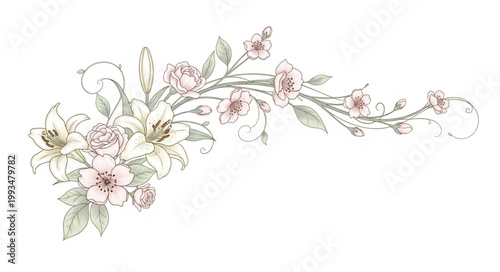 Delicate floral arrangement with soft pastel colors and green leaves.
