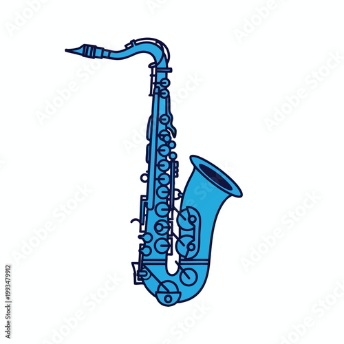 Stylized blue saxophone illustration isolated on white background.