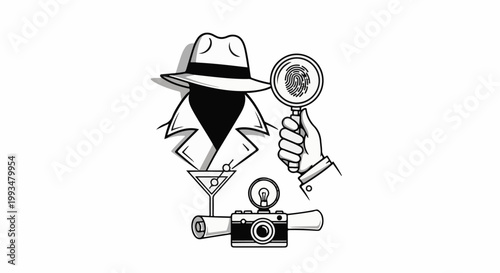 Mysterious detective investigation with magnifying glass, camera, and martini