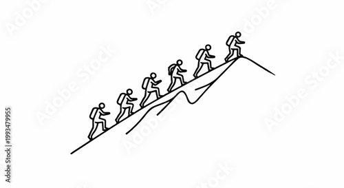 Stick figures ascend a steep, stylized mountain in single file