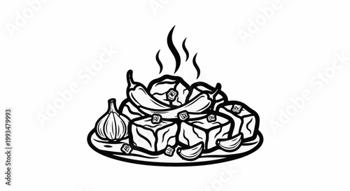 Steaming hot dish with cubed food, chilies, garlic, and steam