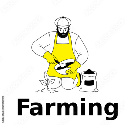 Minimal Farmer Gardening Illustration with Yellow Accent, Flat Line Character
