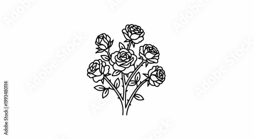 Delicate line art bouquet of six roses with leaves and thorns