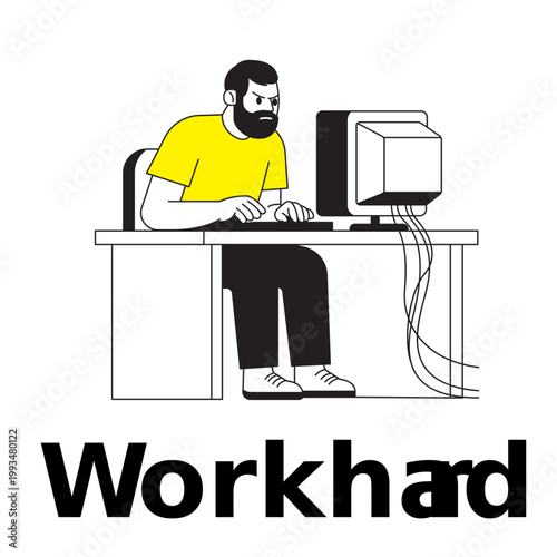 Work Hard Office Worker Illustration, Minimal Flat Line Character with Yellow Accent