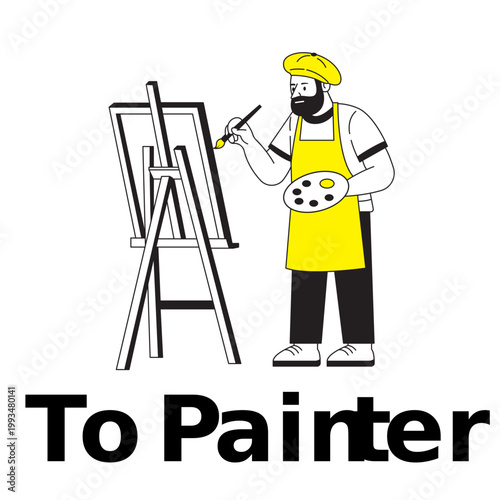 Painter Artist Illustration with Easel, Minimal Flat Line Character Yellow Accent