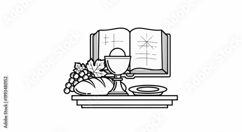 Religious communion symbols chalice, grapes, bread, and open book