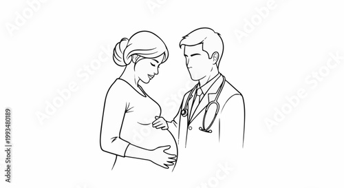 Doctor gently touches pregnant woman's belly, both smiling