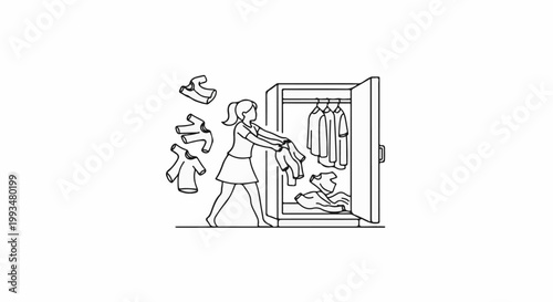Girl tidying a messy closet with clothes flying around and clothes on hangers