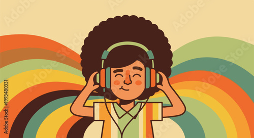 Person with afro and headphones enjoying music against retro rainbow background