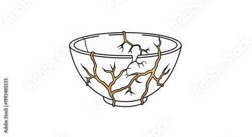 Cracked ceramic bowl repaired with golden lacquer, emphasizing beauty in imperfection