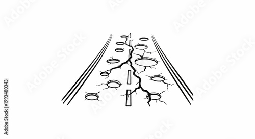 Damaged road with cracks and holes, leading to an abyss