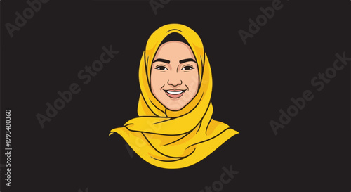 Cartoon portrait of a woman wearing a bright yellow hijab