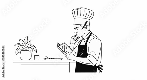 Chef contemplating recipe in a book, holding pencil behind ear