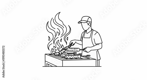 Person grilling sausages over a hot flame on an outdoor barbecue