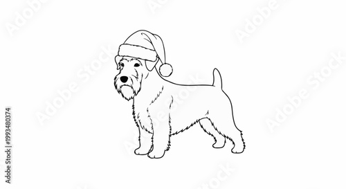 Line art of a small, shaggy dog wearing a Santa hat