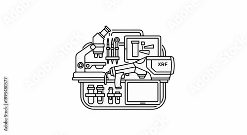 Outline of scientific instruments including microscope, XRF gun, screens, and tubes