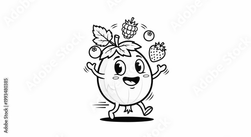 Cartoon fruit character happily juggling berries while running
