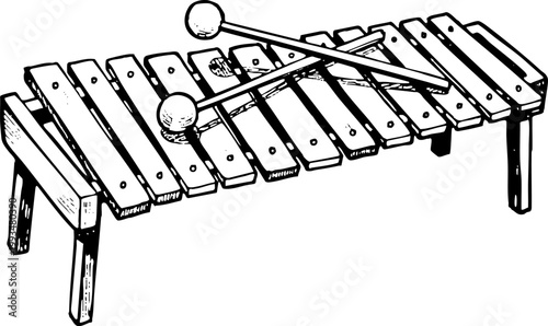 Hand-drawn xylophone with mallets musical instrument illustration